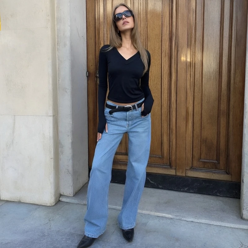 2026 Spring and Autumn New Women's V-Neck T-Shirt Solid Color Slim Women's Long Sleeve Waist Top Elegant and Fashionable Blouse