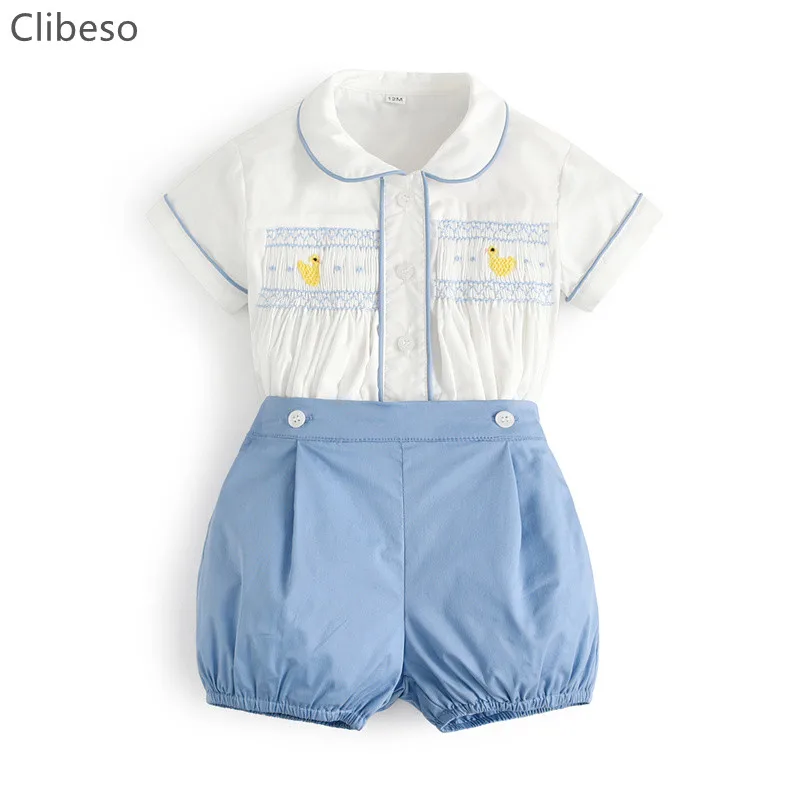 Spanish Style Traditional Baby Boy Blue Smocked Embroidered Romper Suit 0-3-6-9m 