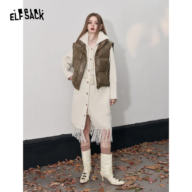 ELFSACK Brown PU Down Vest Women 2023 Winter Retro Warm Outwears