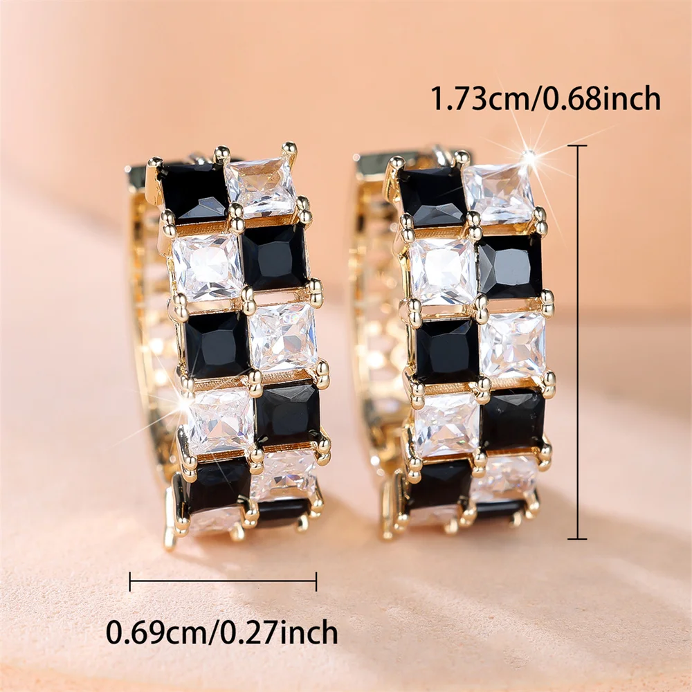 Black Crystal White Zircon Square Stone Chessboard Hoop Earrings For Women Vintage Gold Color Ear Buckle Wedding Jewelry Gifts