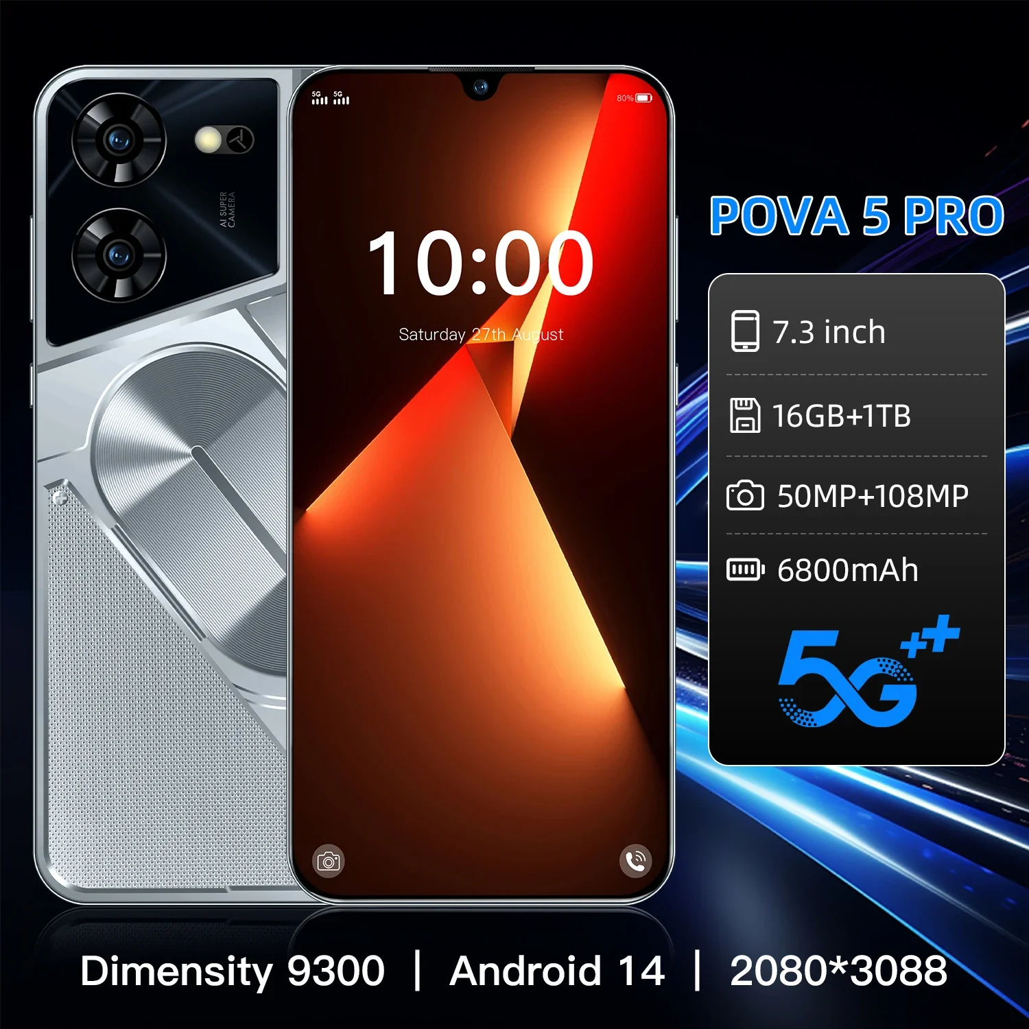 

Смартфон Pova 5 Pro, 2280*3088, 16 + 1 ТБ, 6800 мАч, Android 14, две Sim-карты