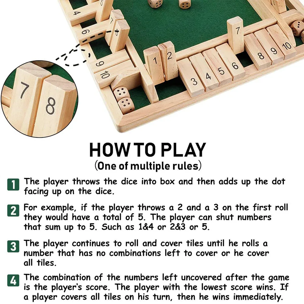 Board Games Shut The Box Dice Game Classic 4 Sided Wooden Board Game Flip 10 Numbers Classic Tabletop Party Entertainment Games