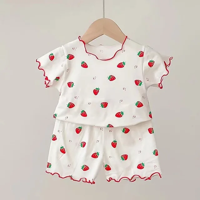 Ensemble pyjama d'été pour bébé fille, motif fraise, manches courtes, fin, deux pièces, vêtements de nuit pour tout-petits, tenue d'intérieur pour nourrissons 1