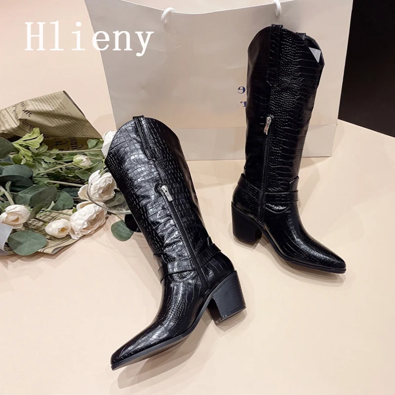 

Hlieny Women High Heel Snake Print Leather Boots Designer Chunky Heel Shoes 2024 Winter Western Long Boots Knee Zip Botas Black