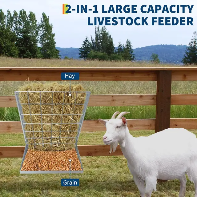 Wall Mounted Livestock Hay Rack for Farm Animals,Goats,Sheeps,Horses 2 in 1 Heavy-Duty Steel Hay & Grain/Salt Feeder Holder