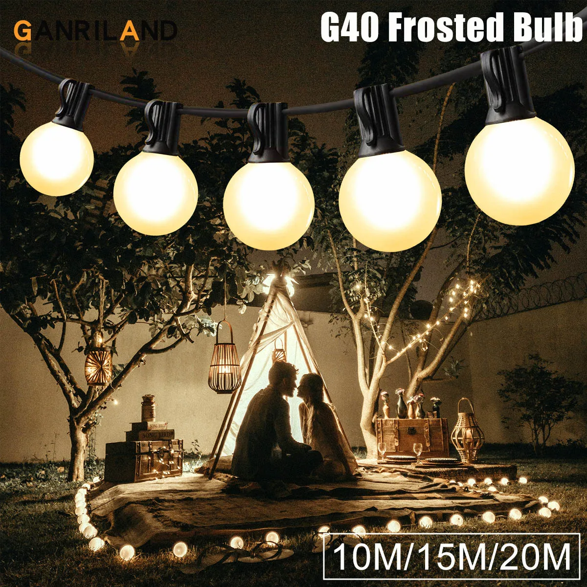 GANRILAND 25FT LED String Light G40 Globe E12 Base Frosted White Fairy Lights 50FT 65FT  Connectable Outdoor Patio Garland Light g40 outdoor string lights e12 socket 25ft 65ft tp44 frosted led light bulb connectable us eu plug fairy light chain for wedding