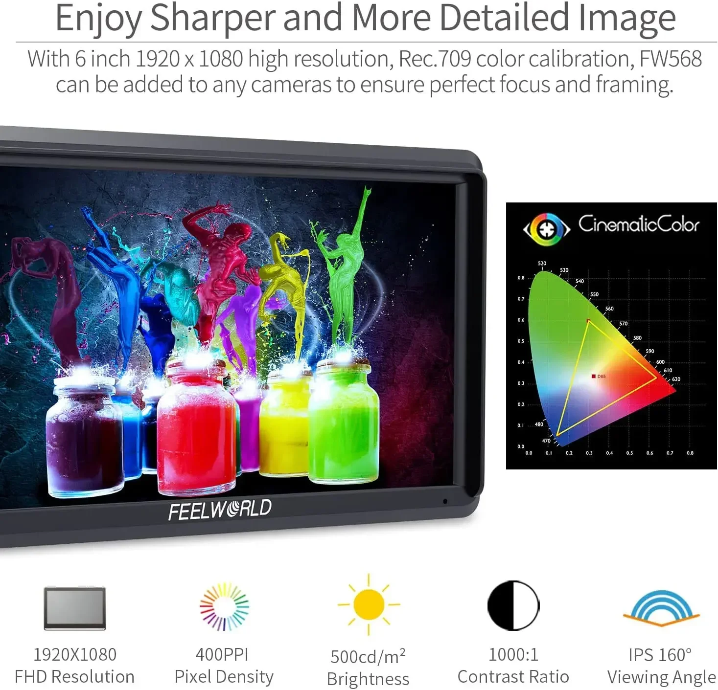 FEELWORLD FW568 V3 6 Inch DSLR Camera Field Monitor with 3D LUT Full HD1920X1080 Support HDMI Output Monitor for live streaming