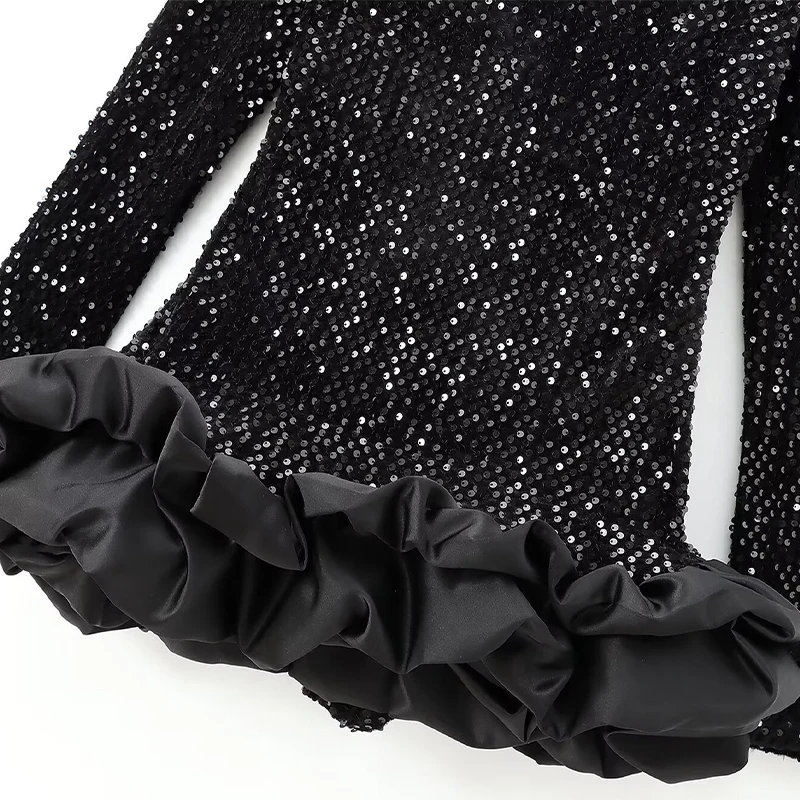 Vestido corto sexy con lentejuelas Y2K y volantes para mujer, elegante, sin espalda, cuello redondo, manga larga, negro, ajustado, para fiesta de otoño