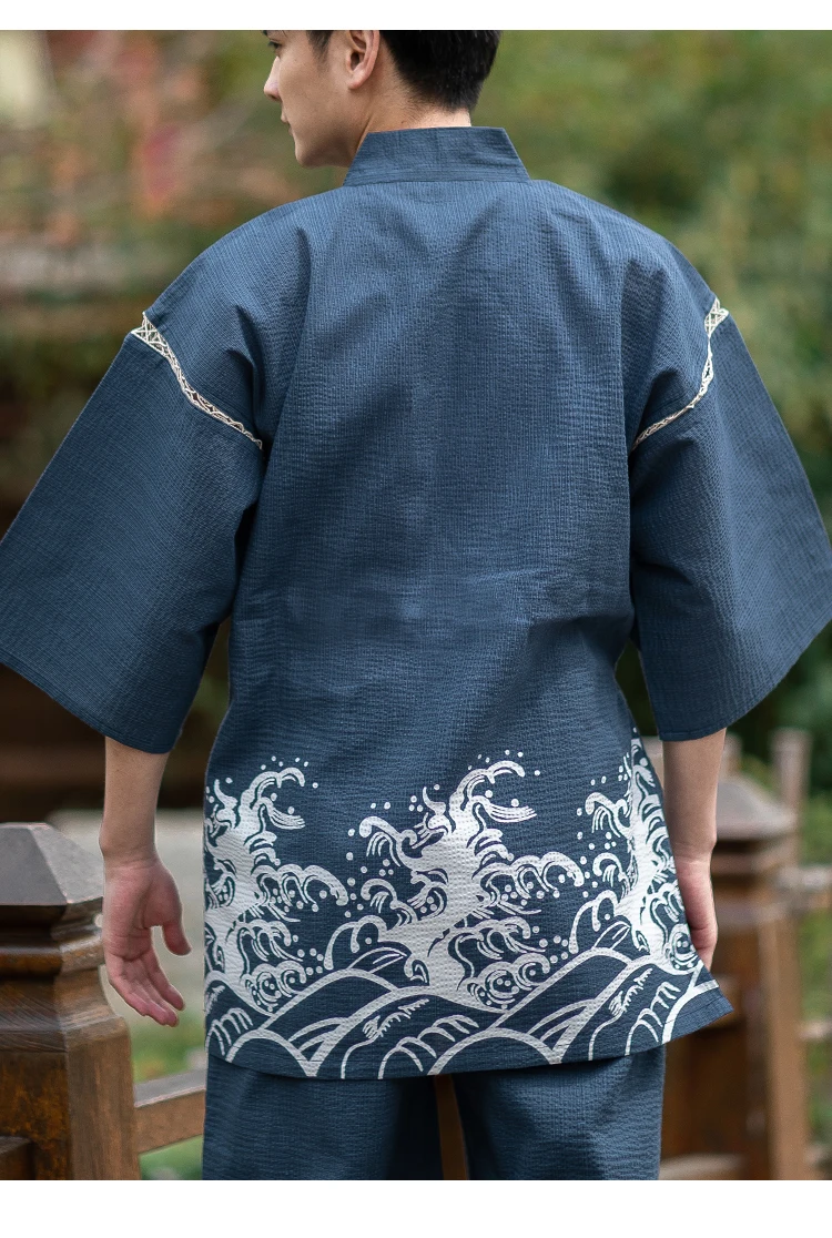 Traditional Japanese Pajamas Sets Men Yukata Kimono Cotton Male Loose Japan Home Clothing Sleepwear Bathrobe Leisure Wear