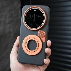 Luxury 360° Rotating Magnetic PU Leather Shockproof Case with Metal Button and Lens Protection - Xiaomi 17 Ultra (Black bracket)