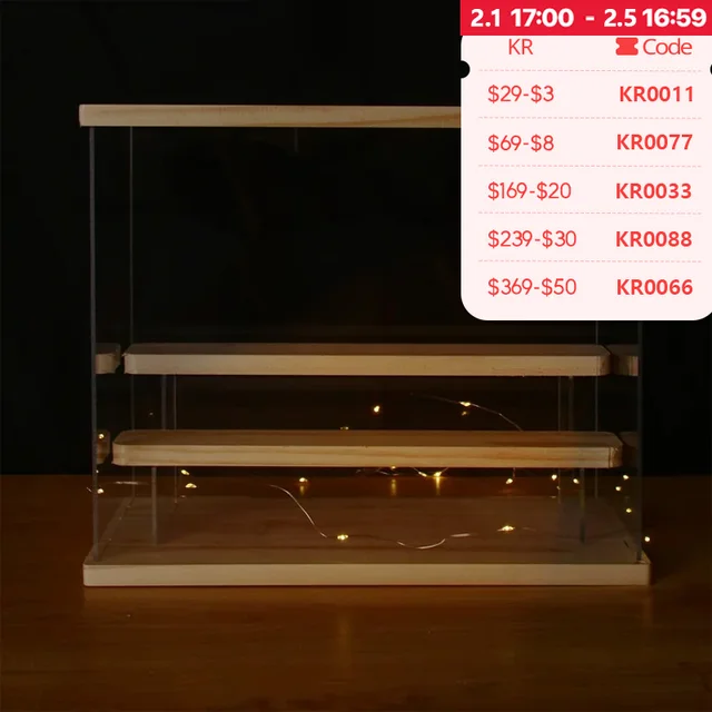 투명 나무 선반 보관 상자, 아크릴 상자 디스플레이, 블라인드 박스, 쇼케이스, LED 조명, 그림 디스플레이, 2-5 단 라이저