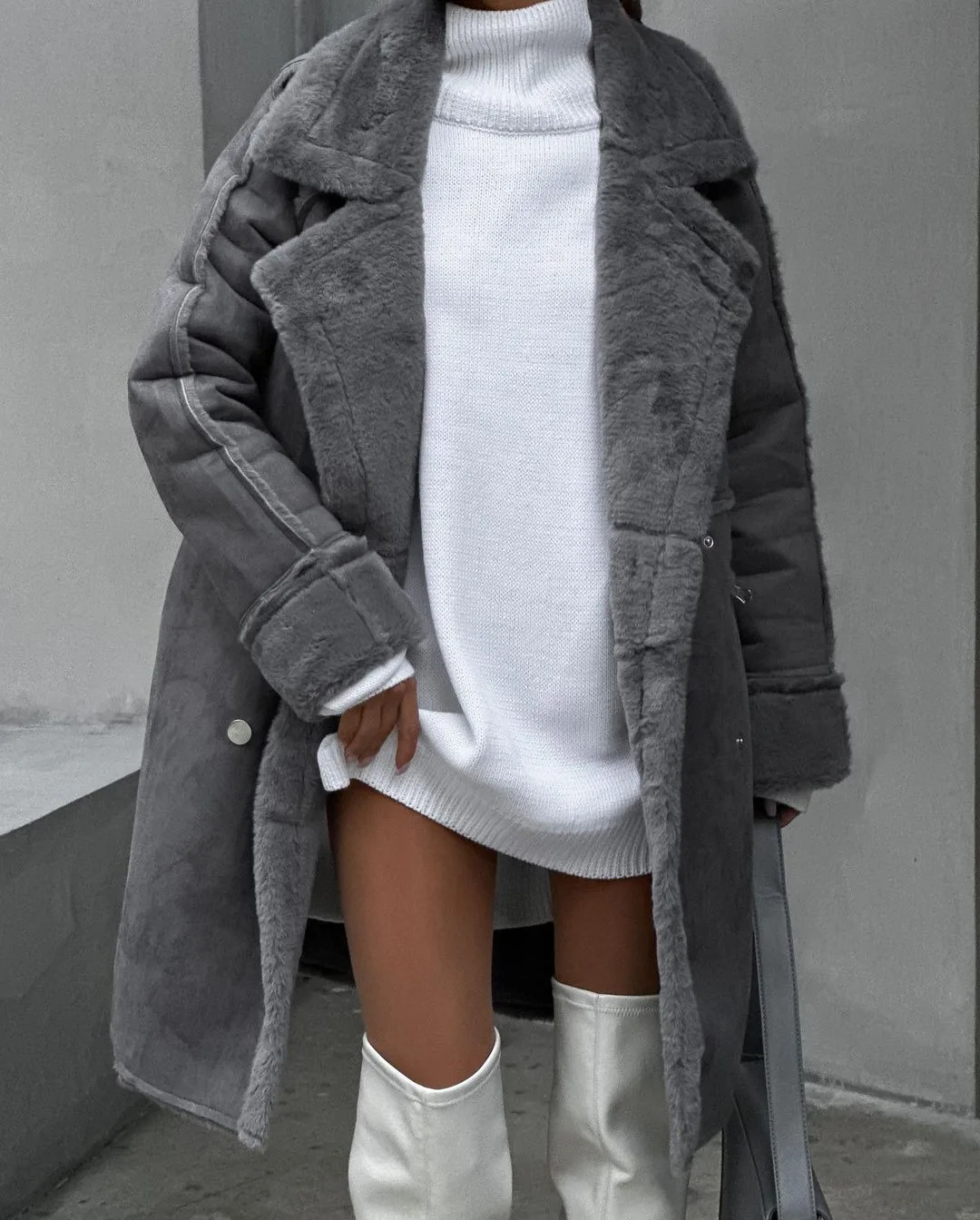 

2024 Winter Warm Women Suede Coat Pocket White Long Trench Thick Windbreaker Female Fashion Elegant Ladies Clothes Causal Jacket