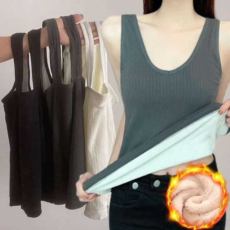 Thicken Autumn Warm Plush Base Tank Tops Sleeveless Solid Thermal Underwaist Vest FoFemale Winter Crop Tops Women's Shirt Camis