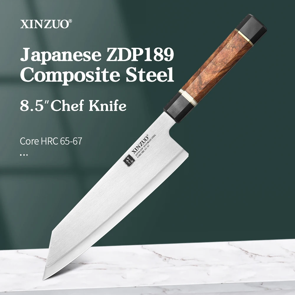 

XINZUO 8.5"In Chef Knife 65-67HRC Japanese ZDP189 Composite Steel Black G10 Padauk Wood Handle Professional Chef Knives