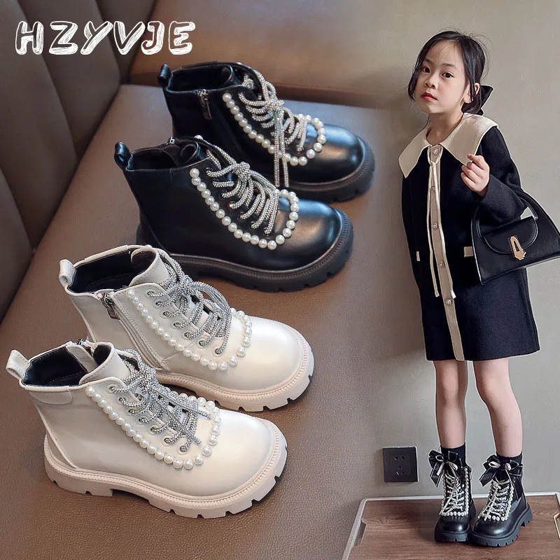 Girl's Fashion Trend With Pearls Boots Autumn/Winter New Ankle Length Short Boots Plus Plush Soft Sole Leather Princess Boots