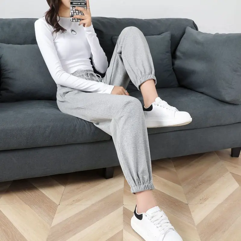 Spring and Autumn Women's Elastic High Waist Solid Pocket Drawstring Letter Embroidery Plush Thickened Harlan Trousers Pants