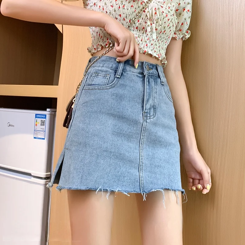 145 짧고 작은 키 데님 스커트 여성 가을 옷, 높은 슬릿 칼집 노출 방지 오픈 스커트 바지 Xs 여름 150