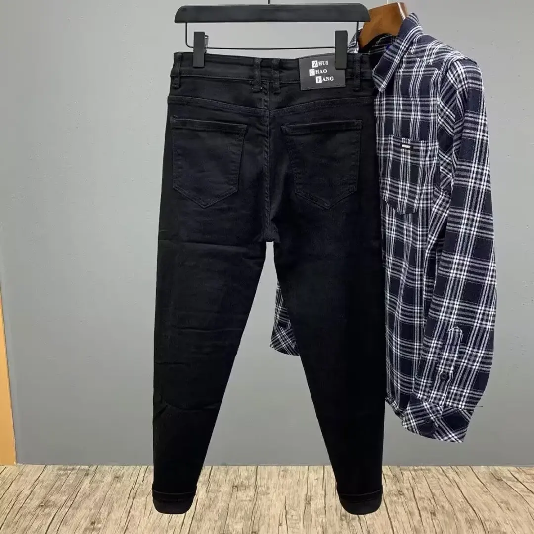 New Black Zipper Men's Fashion Slim Hole Pants Handsome Ripped Skinny Design Straight Trousers