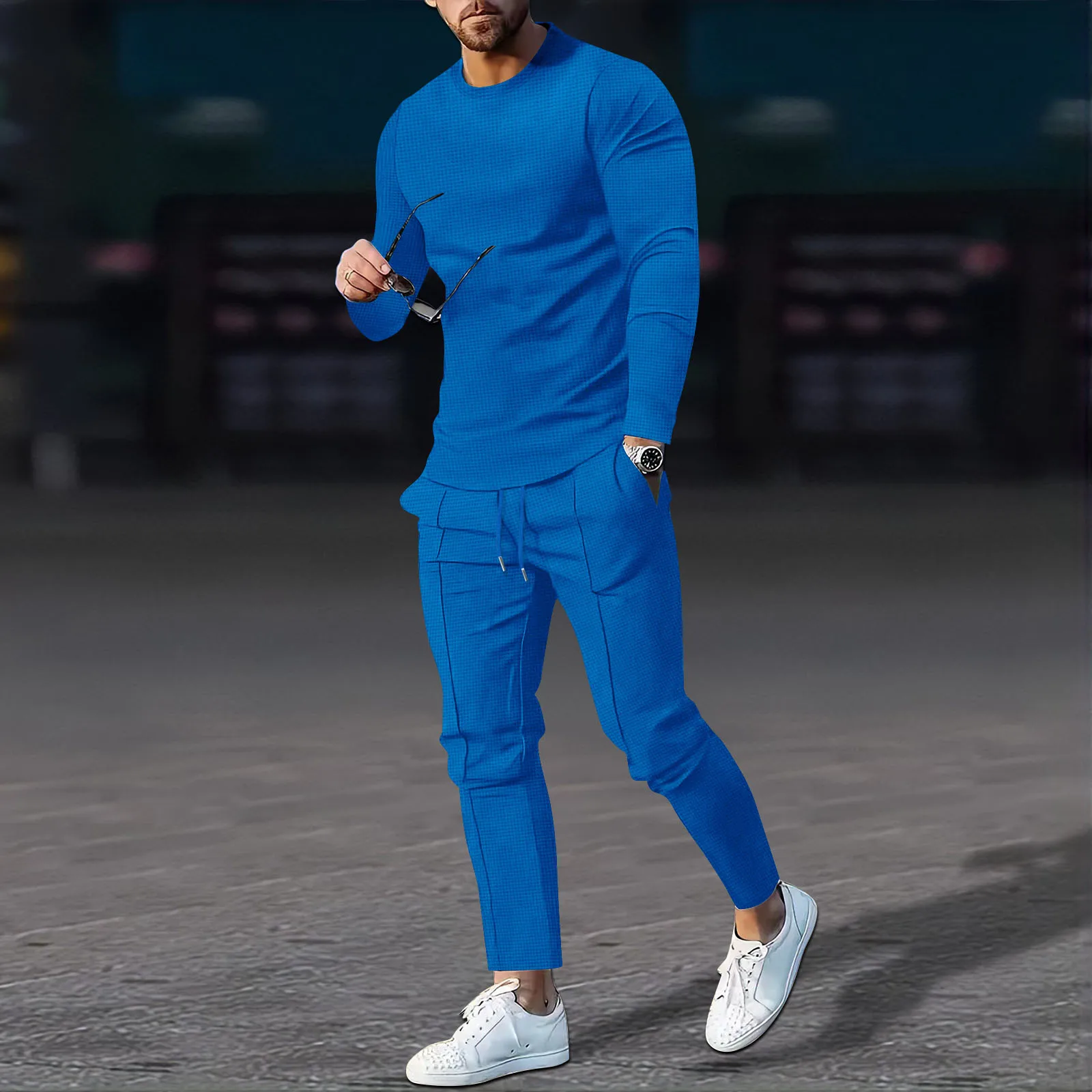 2 Pcs/set Men Top Pants Set Drawstring Elastic Waist Long Sleeve Slim Sweatshirt Trousers Set Men Fall Spring Tracksuit
