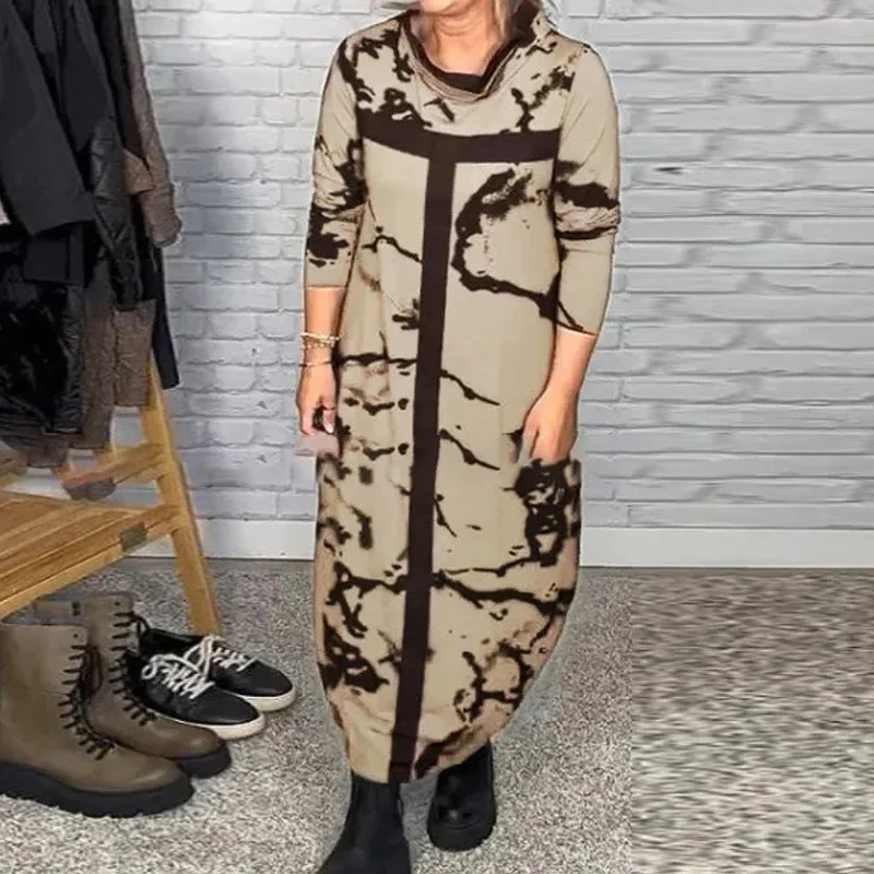 

2023 Spring Lady Stand Neck Long Sleeved Long Dress Female Casual Pullover Dress New Autumn Winter Women Printed Patchwork Dress