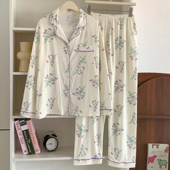 Spring and Autumn New Women's Garden Flowers Pajamas Girls Long-Sleeved Thin Section of Simple High-Level Sense of Suit Homewear
