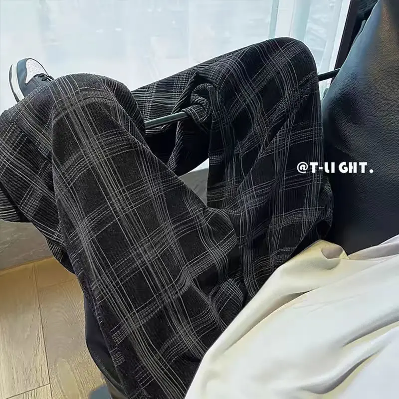 Summer plus size American retro plaid casual pants men's and women's straight leg loose high street sweatpants trend