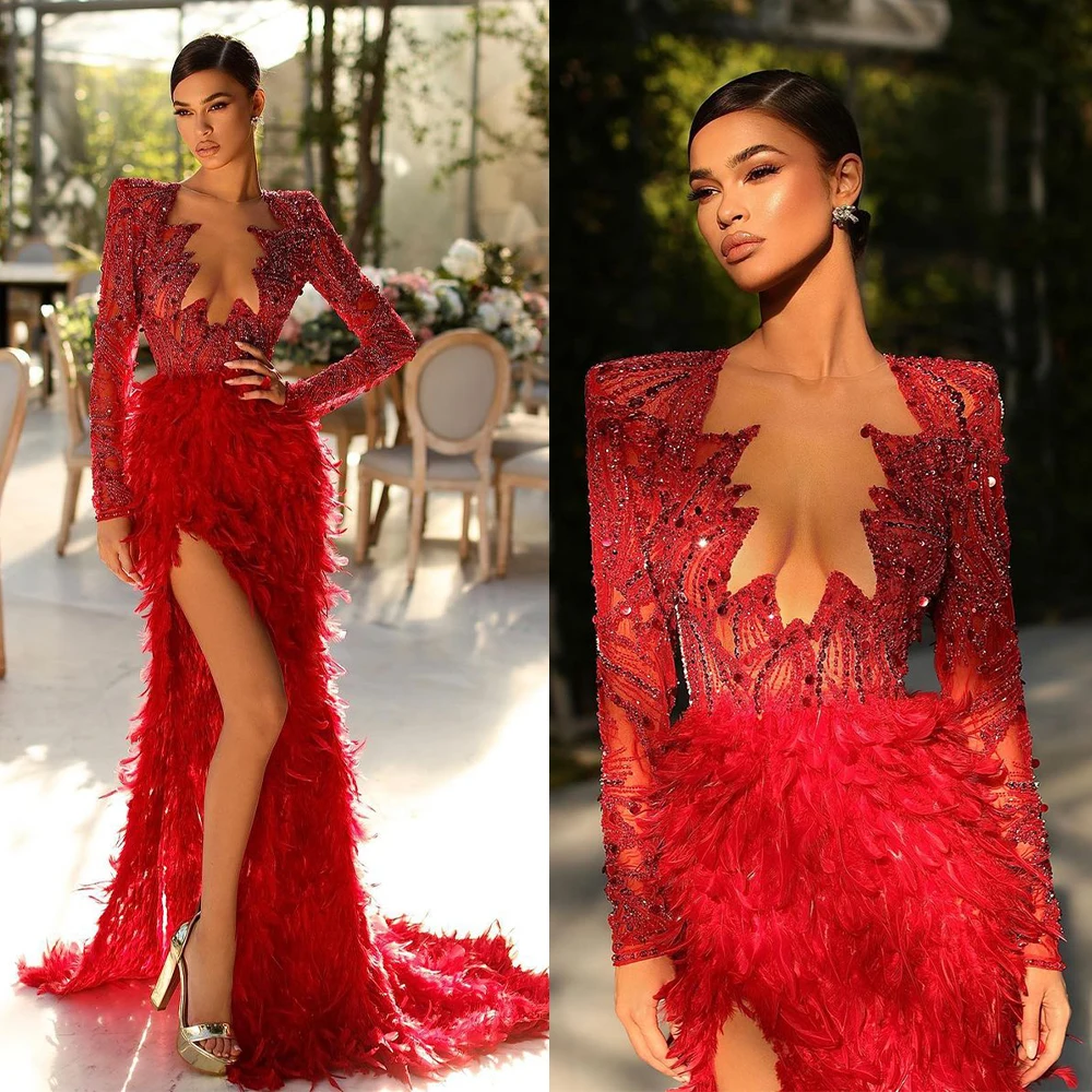 Red Sequins Cold Shoulder Feathers Long Prom Dress with Slit