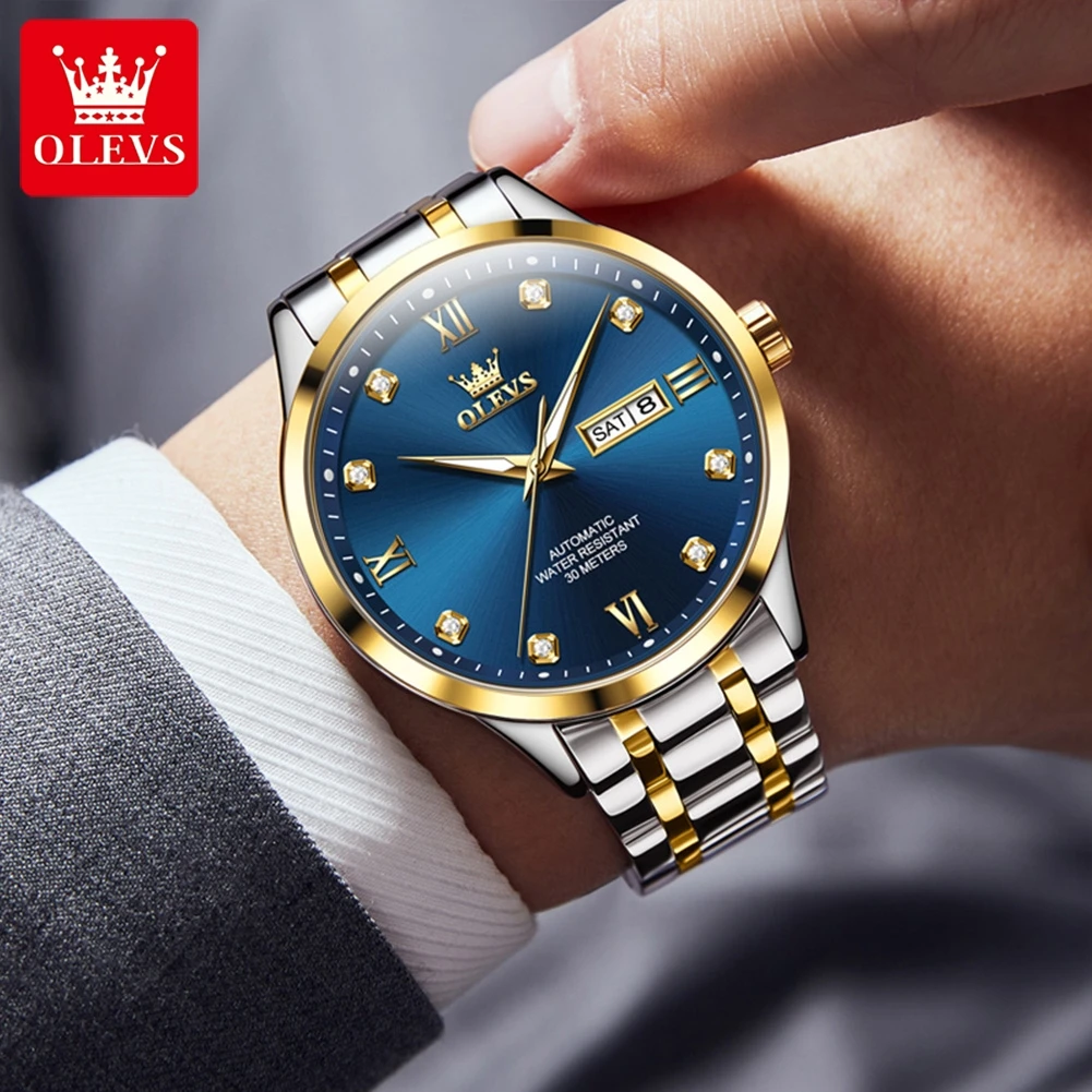 OLEVS Orologio Da Uomo Automatico Scheletro – Meccanico Di Lusso Con Diamanti – Cinturino Acciaio Inox Impermeabile