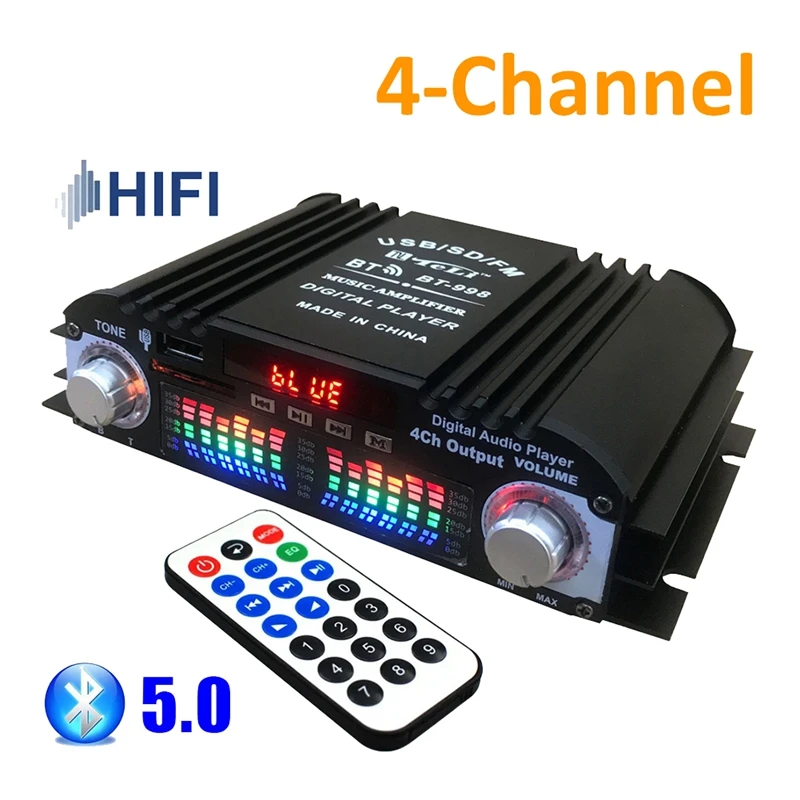 블루투스 5.0 HIFI 오디오 앰프, 홈 오디오 시스템, 자동차, 노래방, USB SD AUX 지원, 4 채널 디지털 사운드 앰프