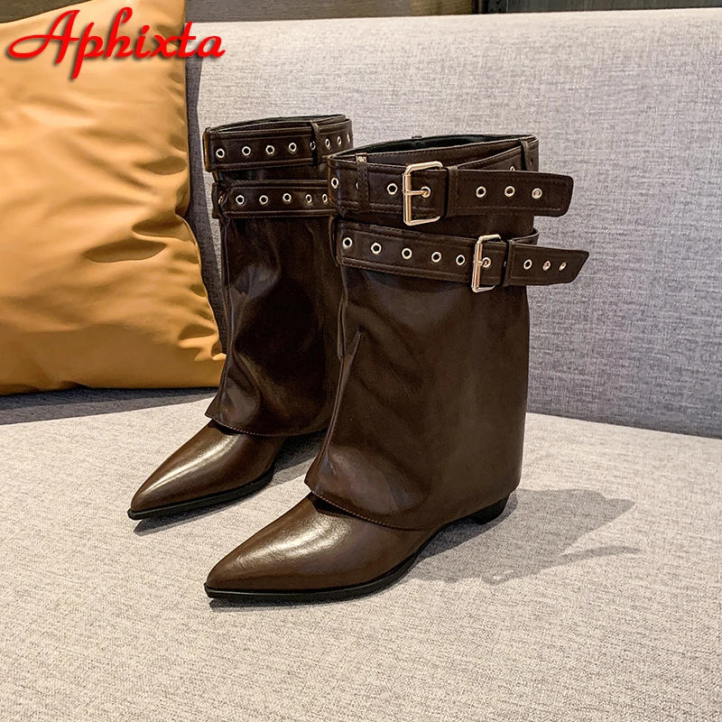 Aphixta New 4cm Square Heels Mid-Calf Boots High Rivets Metal Belt Buckle Pimps Pointed Toe Woman ShoesLadies Footwear Size42