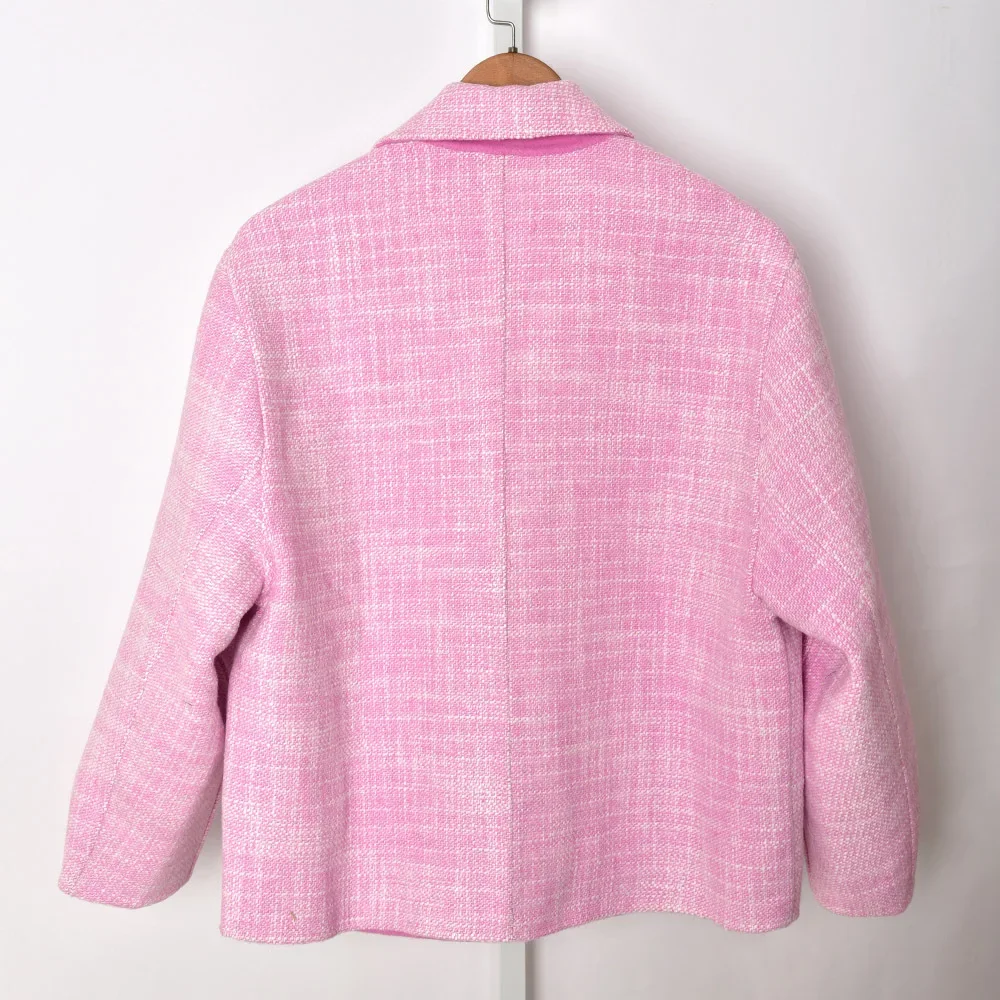 

Women Pink Jacket Turn-down Collar Single Button Long Sleeve Sweet Double-sided Woolen Coat