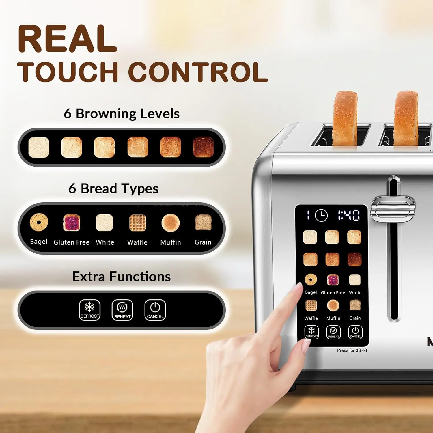4 Slice Toaster Touch Screen Control 4 Wide Slot Stainless Steel Smart Bread Toaster for Bagel Muffin Waffle Dual Control Pannel 2