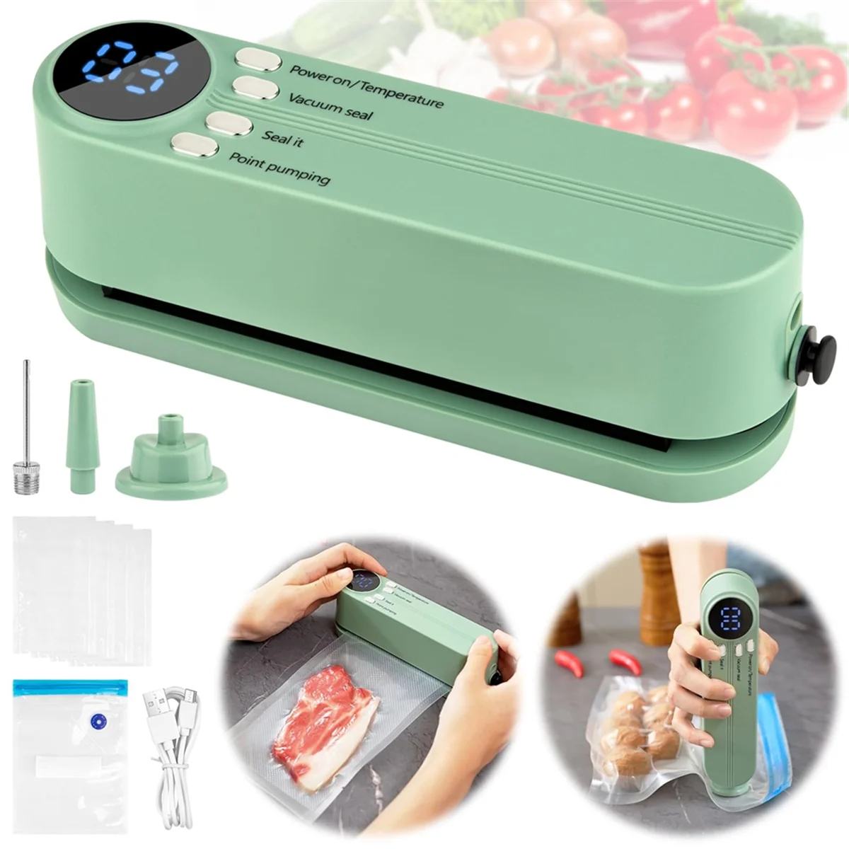 Retails Mini Vacuum Sealer for Food,3in1 Cordless Rechargeable Food Sealer for Dry/Moist Food Storage,Heat Sealer for Bags Green