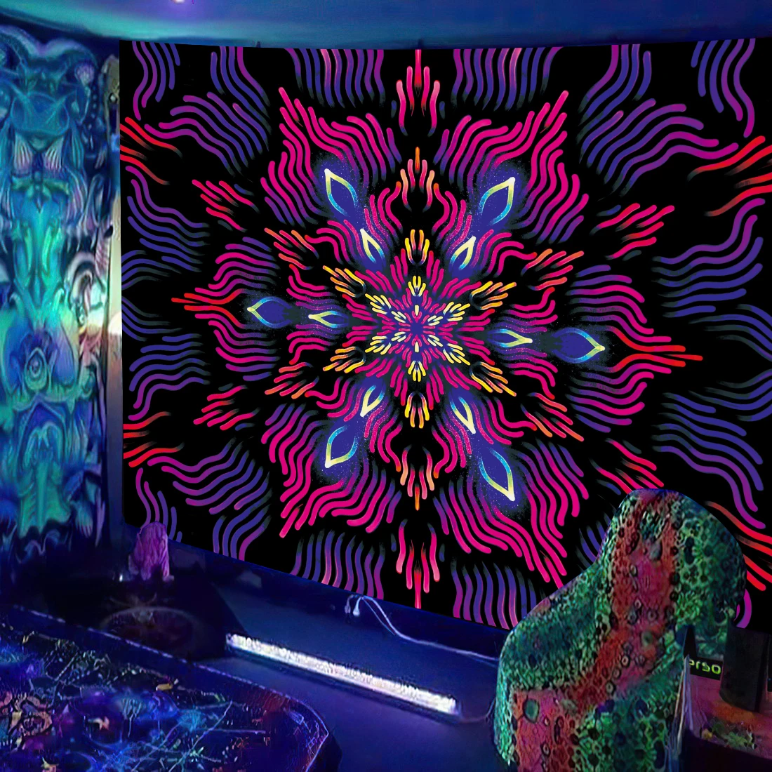 Black Light Tapestry UV Reactive Psychedelic Mushroom Fractal Art Wall Hanging Bedroom Dorm Separate Room Decoration