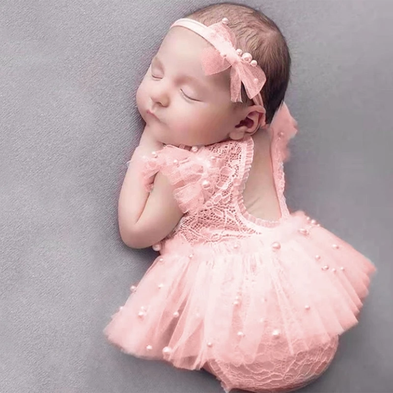 

3pcs Infant Photograph Outfit Pearls Decoration Headband & Tulle Tutu Dress & Romper Baby Photo Clothing Newborn Lace Skirt