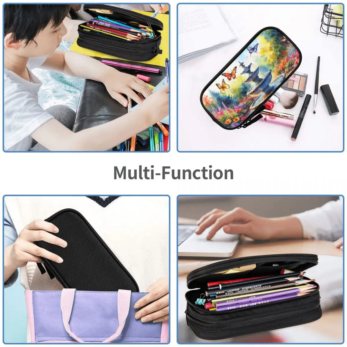 꽃과 새가 있는 정원 분수 학생용 연필 케이스 학교 펜 상자 연필 가방 대용량 연필 파우치