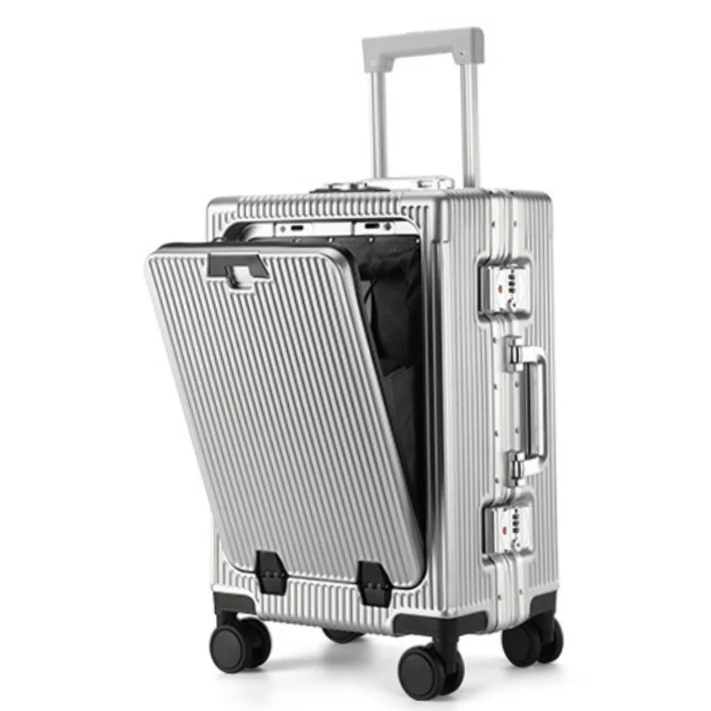 Suitcase Front Opening Pocket Aluminum Alloy Frame Rolling Luggage USB Charging Plug Trolley Carry-on Case Bag Wheel