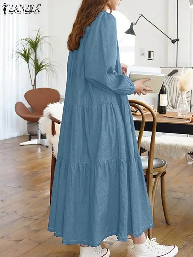 Zanzea Moda Manica Lunga Abiti Denim Abiti Lunghi Oversize Moda Donna Scollo A V Abiti Solidi Abiti Casual Coreani Autunnali