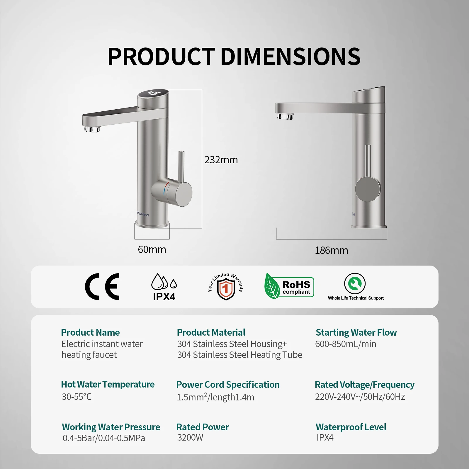 Briwellna Electric Water Heater Tap 220V Bathroom Faucet 120° Rotation Silver Tankless Water Heater Tap Stainless Steel Faucet 6