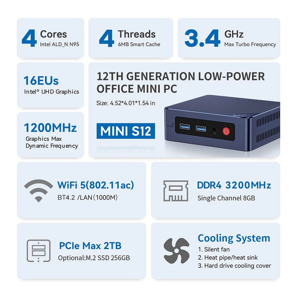 Mini PC Windows 11 Pro, Mini PC avec processeur de 11e gén N5095 (jusqu'à  2,9 GHz) Windows 10 Pro, Mini PC de Bureau 16G DDR4/512G SSD, supporté 2  WiFi, BT4.0, HDMI+VGA+DP, Win11