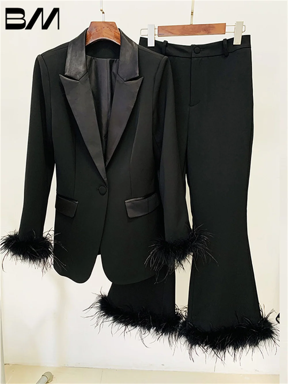 Classic Business Woman Office Wedding Suit, Real Feather Ostrich Feather Suit Jacket, Nine-Quarter Pants Suit Two-Piece Set