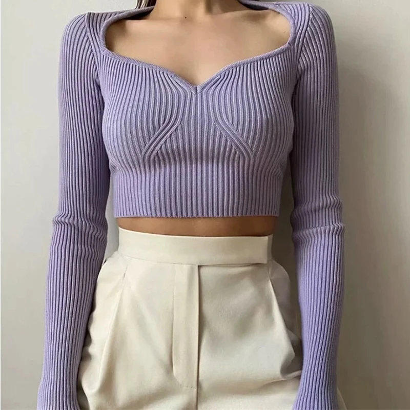 

2022 Spring Sexy V Neck Knitted T-Shirt Women Solid Color Fashion Long Sleeve Pullover High Waist Cropped Short Tight Knit Tops