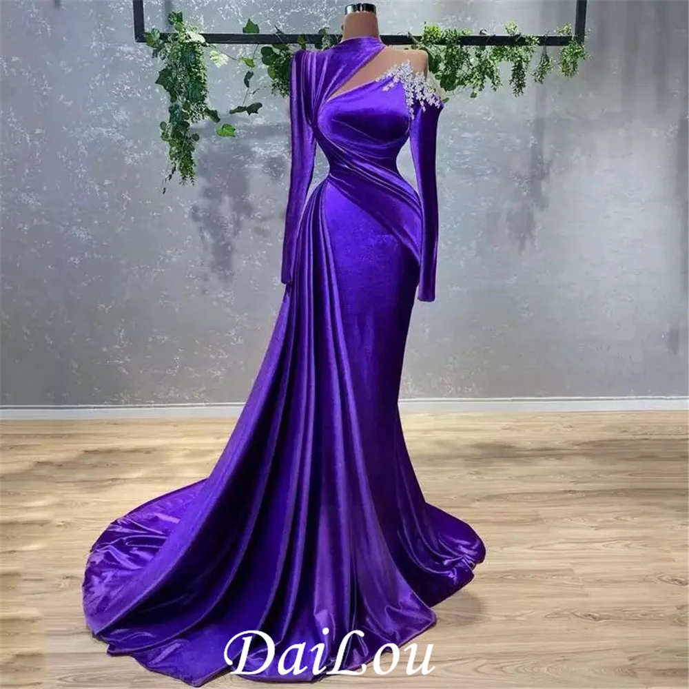 Фиолетовое сексуальное вечернее платье-Русалка для выпускного вечера, бархатные вечерние платья с длинным рукавом, бисером, фиолетовые коктейльные платья в пол, женское