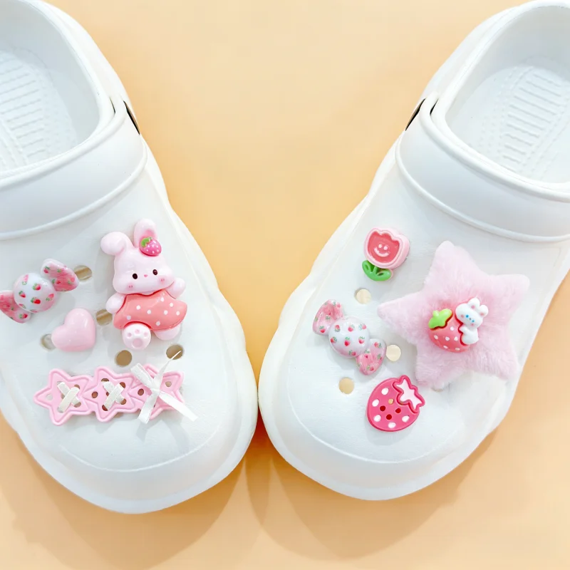 8Pcs 신발 액세서리 귀여운 신발 꽃 플러시 다섯개 별 딸기 토끼 Diy 액세서..