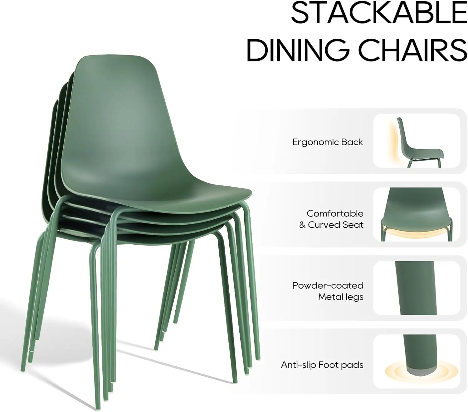 Modern Dining Room Chairs Set of 4, Plastic Kitchen Chairs Stackable Patio with Metal Legs for Indoor, Outdoor, Restauran