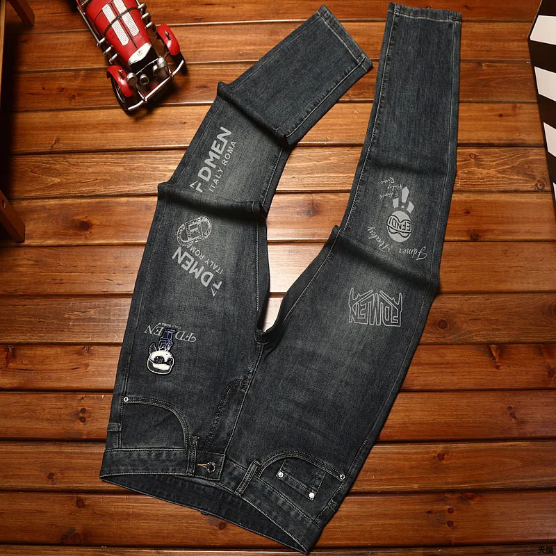 High-end and fashionable printed jeans men's slim fit skinny Korean style trendy blue retro Youth light luxury long pants