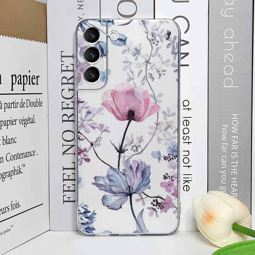 Floral Palm Leaf Painted Transparent Phone Case - Soft Cover with Flower Design