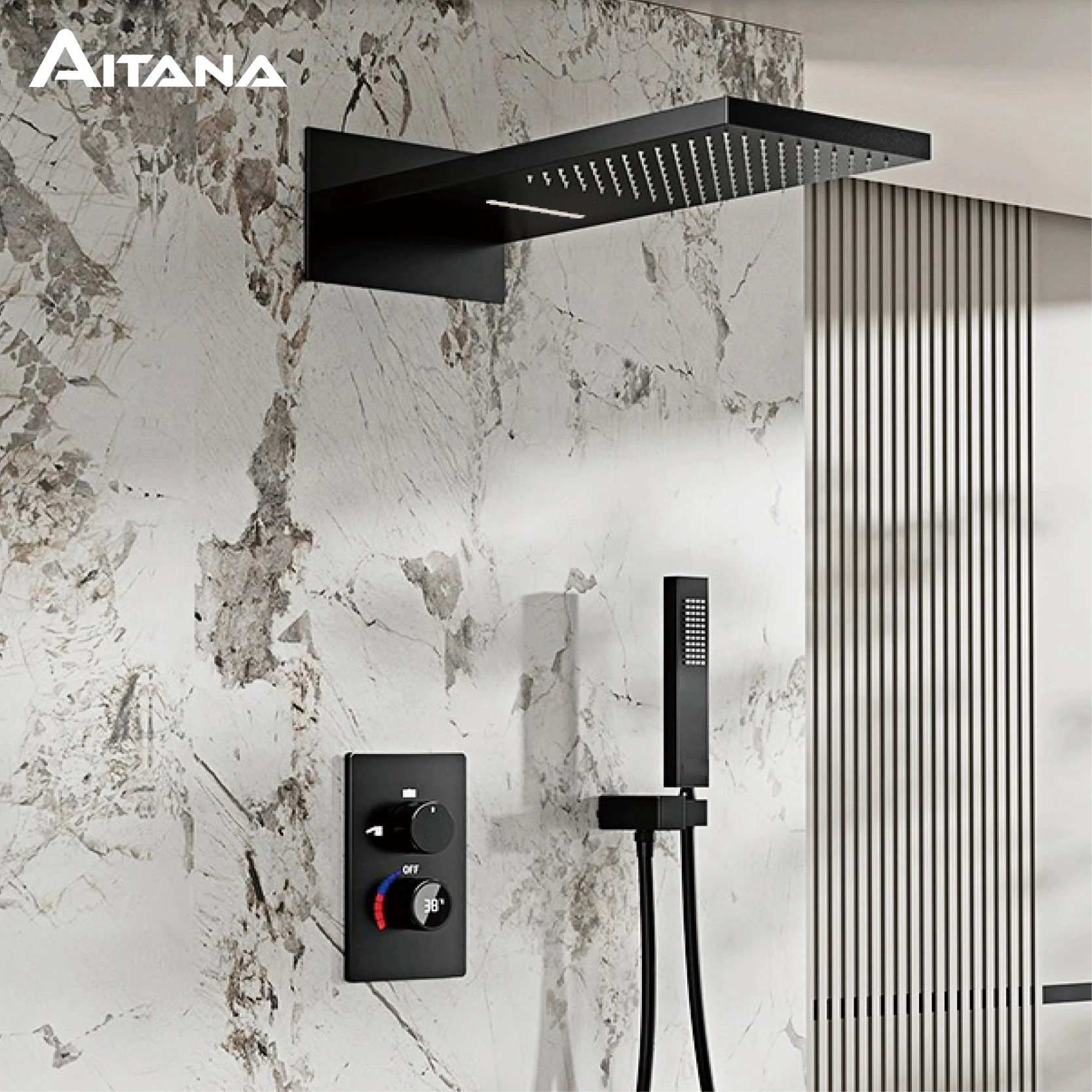 ระบบฝักบัวอาบน้ำทองเหลืองสีดำสุดหรูพร้อมการออกแบบติดผนังจอแสดงผล LED ดิจิตอลสำหรับการควบคุมคู่ของก๊อกน้ำในห้องน้ำที่เรียบง่ายและร้อน 1