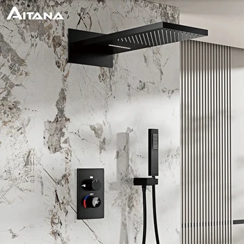 ระบบฝักบัวอาบน้ำทองเหลืองสีดำสุดหรูพร้อมการออกแบบติดผนังจอแสดงผล LED ดิจิตอลสำหรับการควบคุมคู่ของก๊อกน้ำในห้องน้ำที่เรียบง่ายและร้อน 1