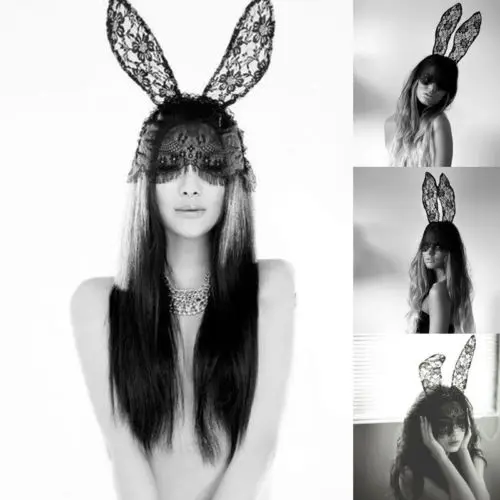 Ladies Bunny Rabbit Ears Lace Veil Venetian Masquerade Party Face Mask
